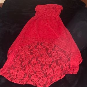 Red, strapless, lace, high-low dress
